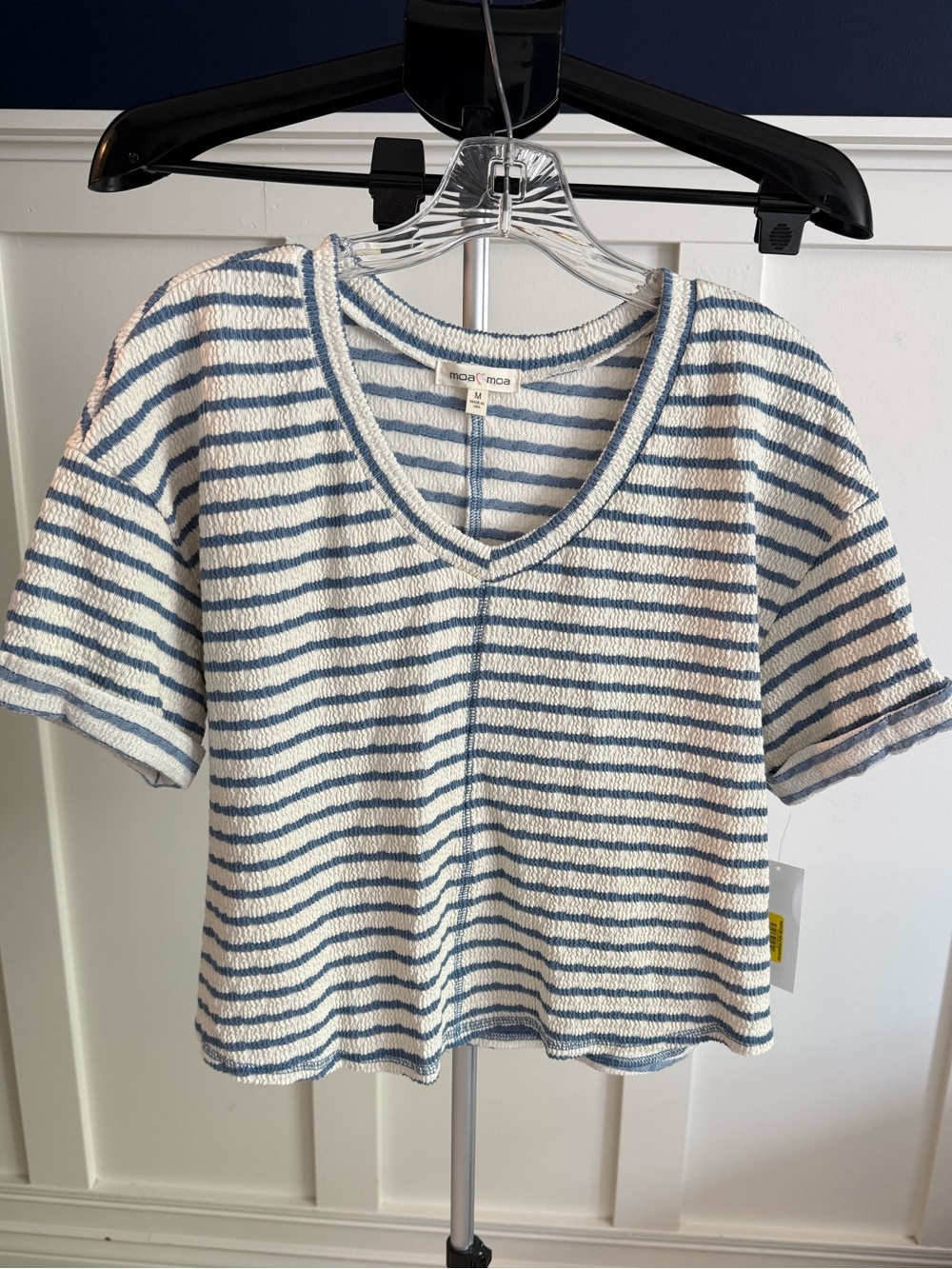 Moa Moa Blue & White Striped V-Neck Short Sleeve Top